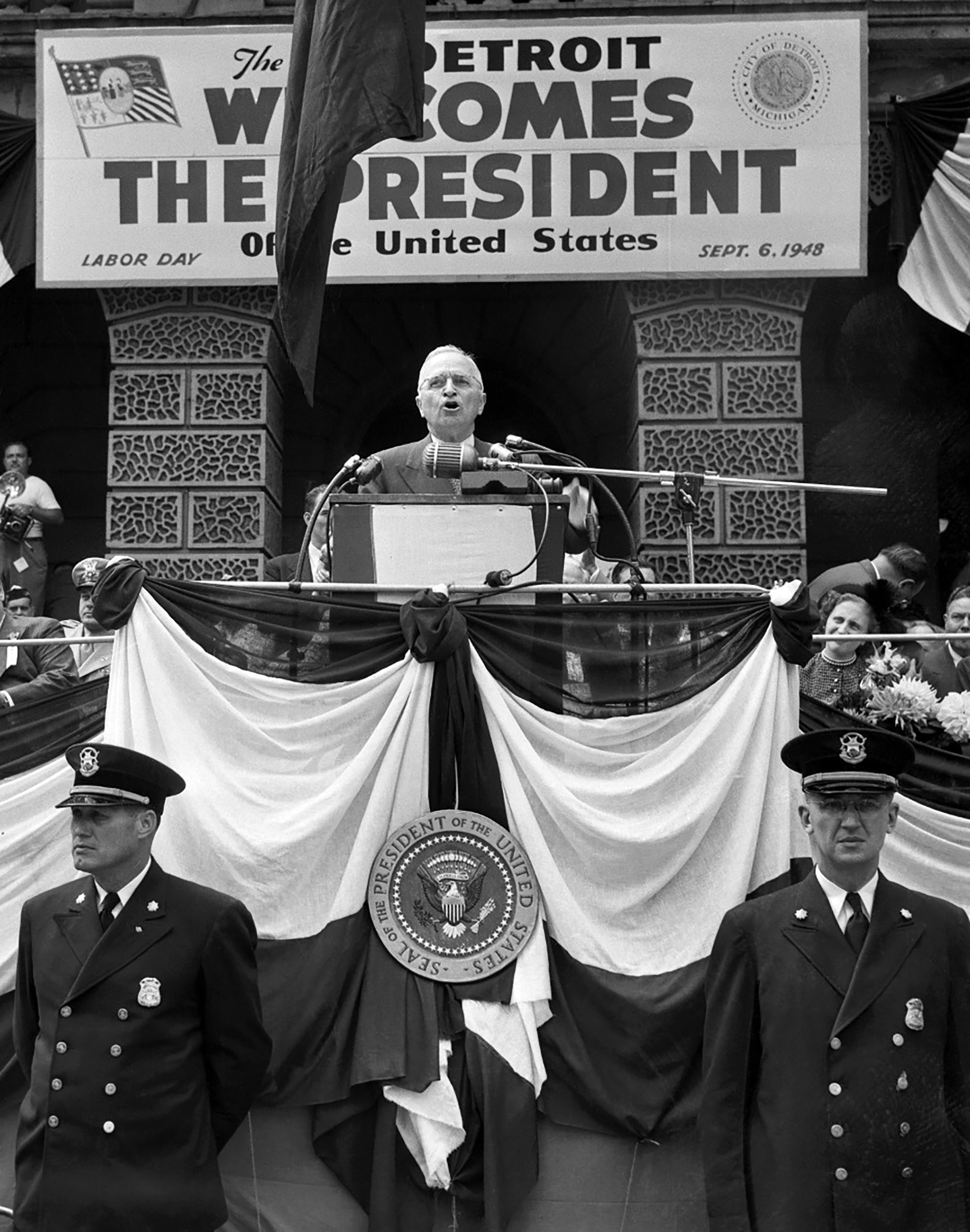 President Harry S. Truman speaking before 125,000 people in Detroit on Labor Day, 1948. Bettmann Archive — Getty Images