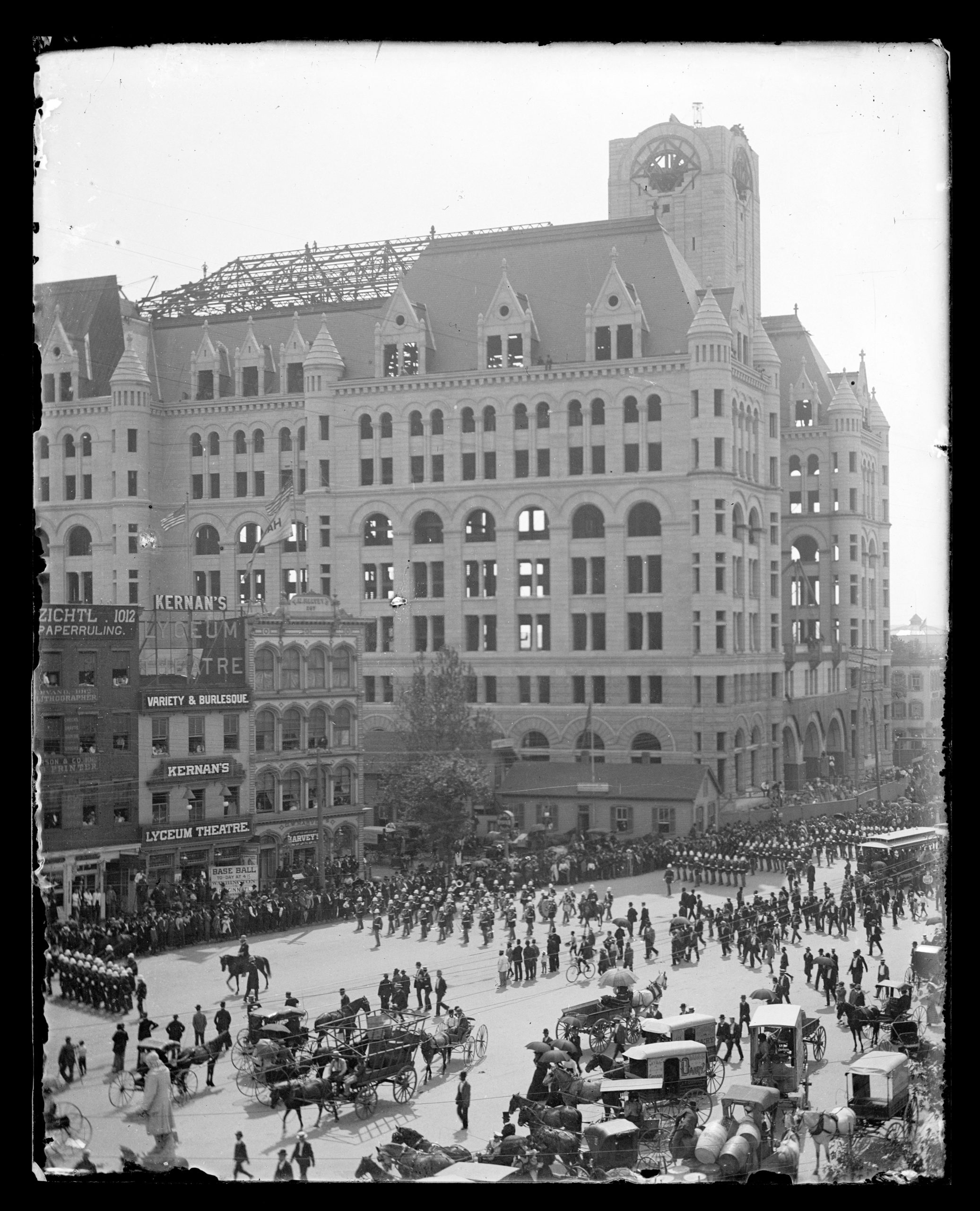 Labor Day parade on Pennsylvania Avenue in the vicinity of Kernan's Lyceum Theater and unfinished Post Office building in Washington D.C., 1894. Library of Congress