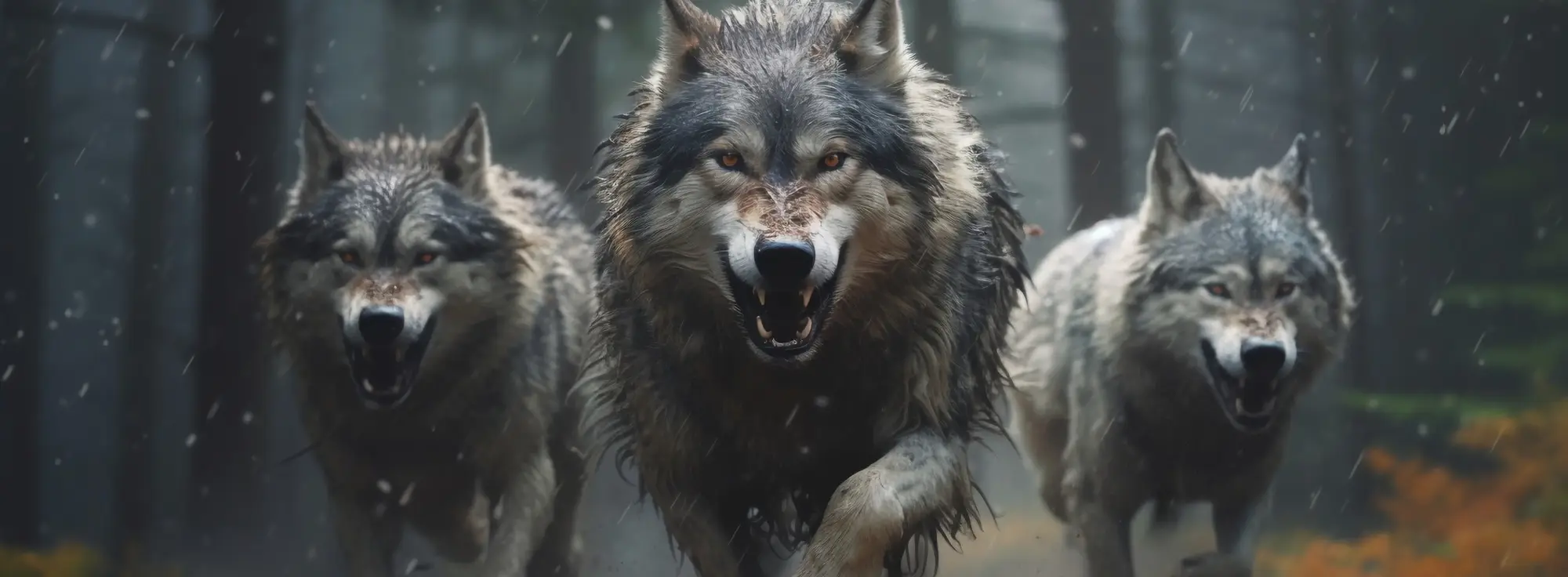 three wolves running