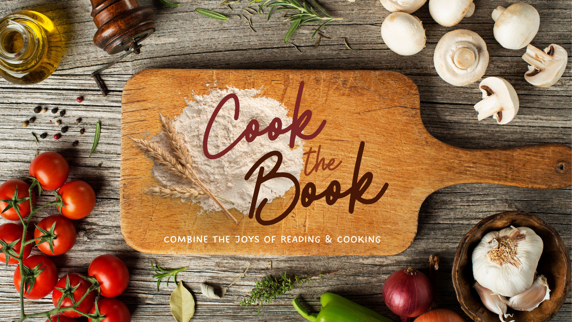 cook the book: cutting board with vegetables, tomatoes, garlic