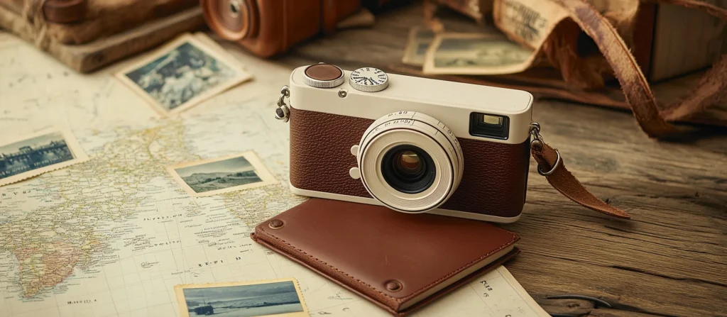 vintage camera sitting on top of old map and photographs