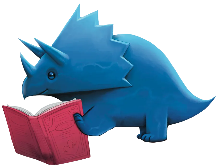 blue dinosaur reading book